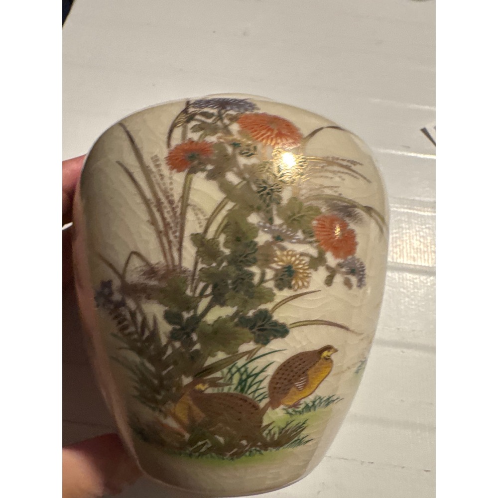 Satsuma Ceramic Vase Small Cream Excellent Quail Flower Gold Gilt‎ Crackle Glaze